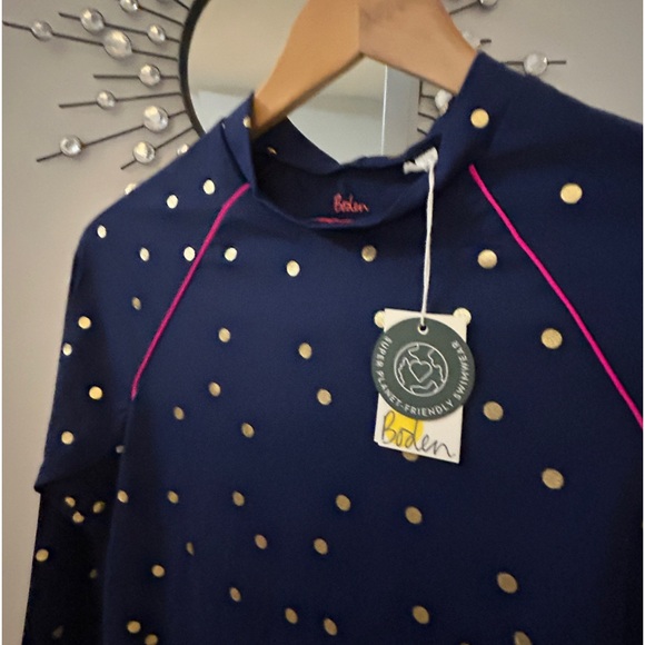 NWT Boden Girls Long Sleeve Rash Guard 13-14Y Blue Metallic Gold Dot - Picture 2 of 8